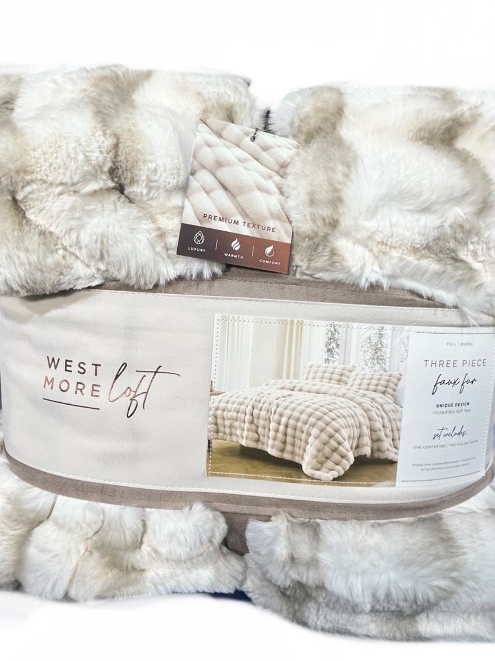 Westmore Loft Natural Faux Fur Luxury Queen Comforter Set 90”x90” Warmth Comfort